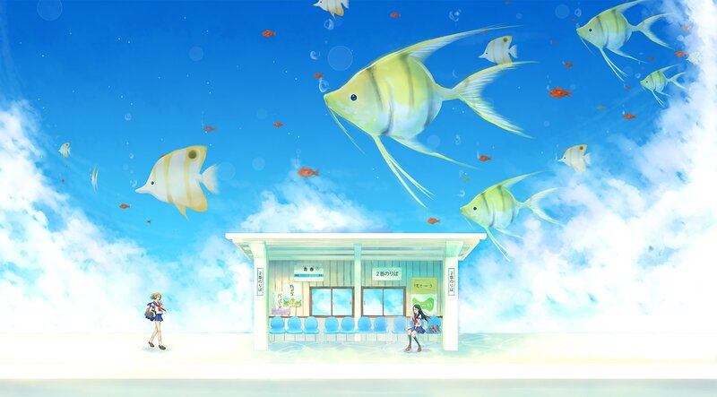 Anime girls at bus stop with fish