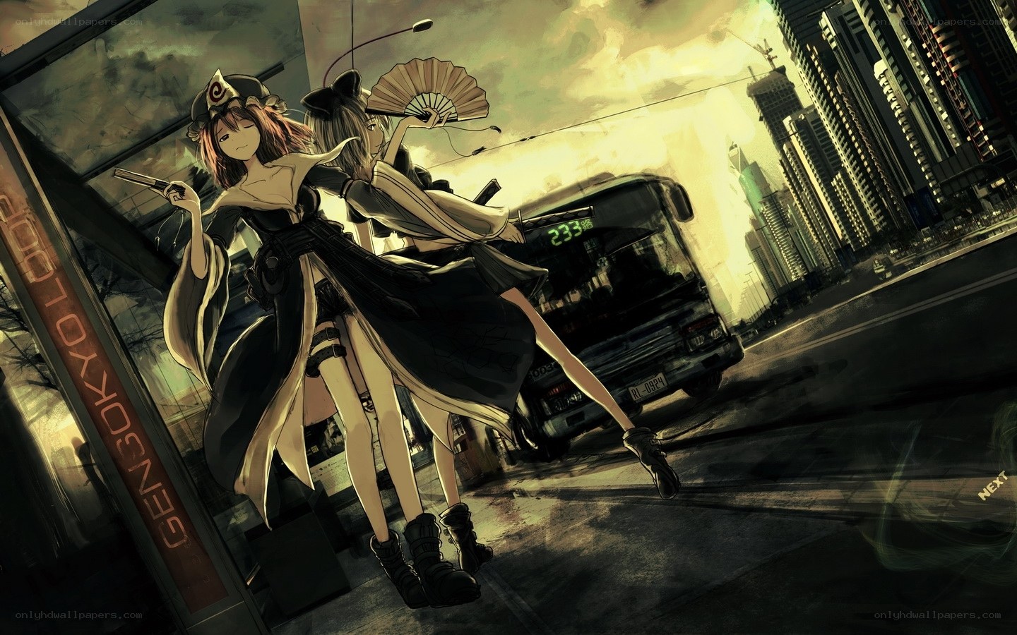 Anime girls at bus stop