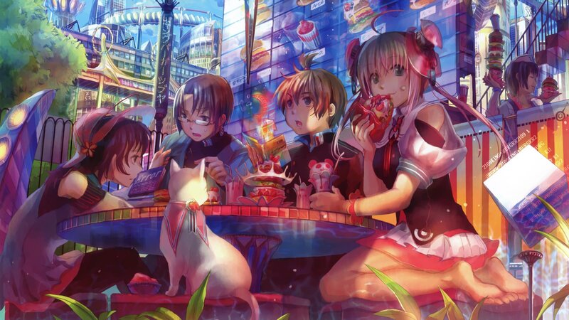 Anime Girls at Cafe — Blue, Lively, Night