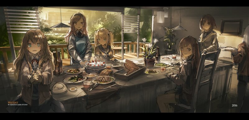 Anime Girls at Dinner Table — Brown, Calm