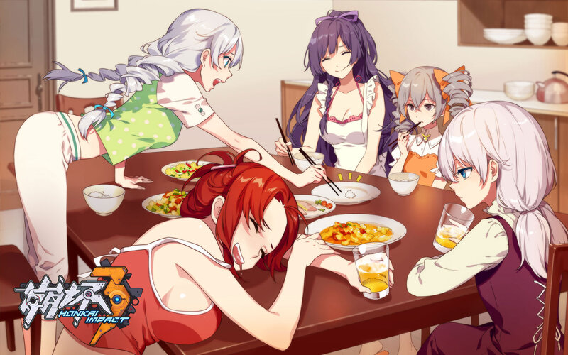 Anime Girls at Dinner Table — Red