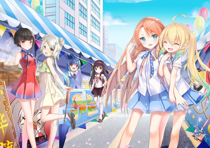 Anime Girls at Festival — Blue, Cheerful