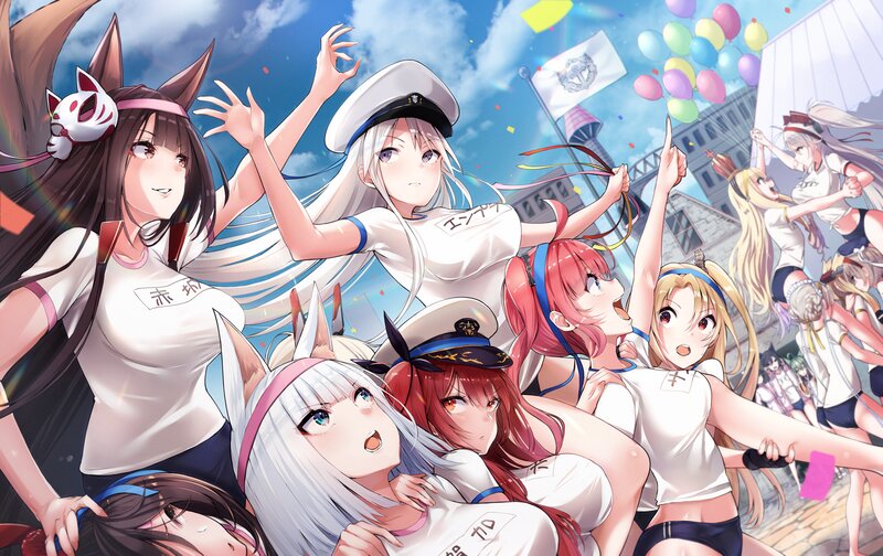 Anime Girls at Festival — Blue, Festive, Afternoon