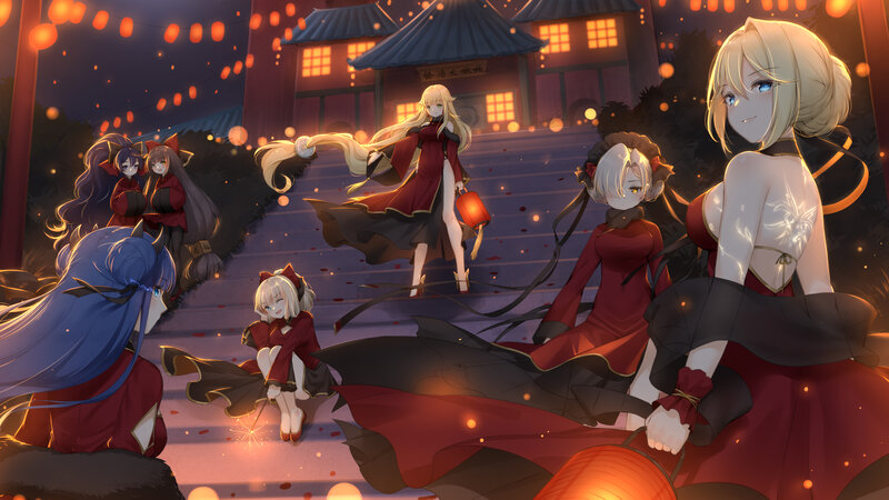Anime Girls at Festival — Red, Festive