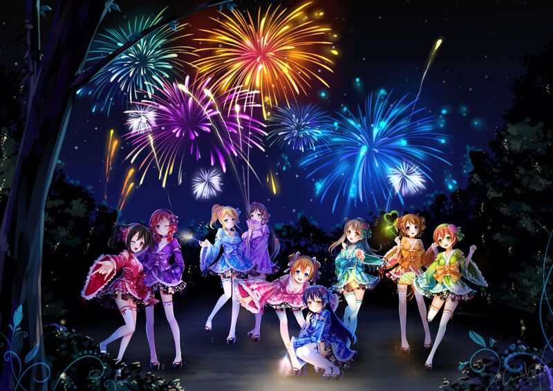 Anime Girls at Fireworks — Blue, Festive