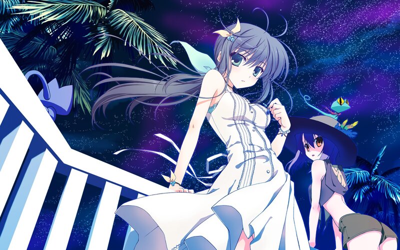 Anime girls at night by palm trees
