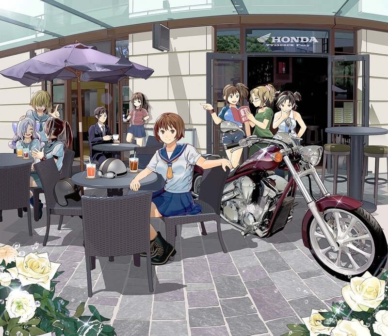 Anime girls at outdoor cafe
