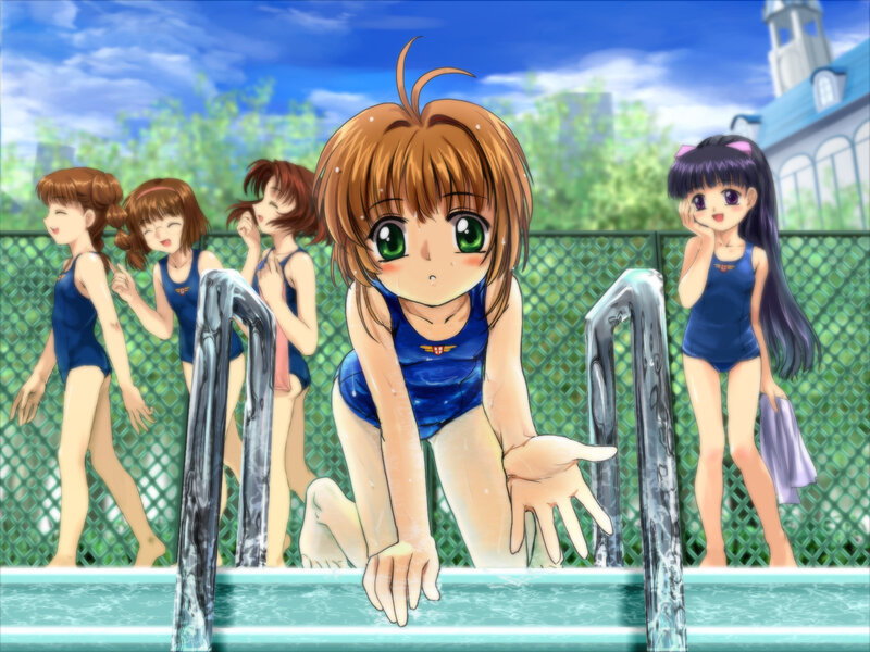 Anime Girls at Pool — Blue, Playful, Afternoon, Swimsuits