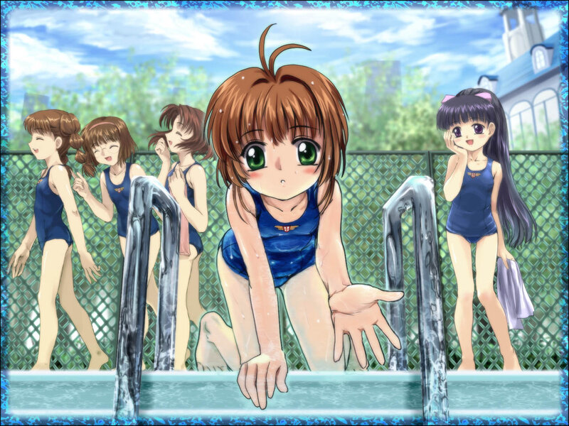 Anime Girls at Pool — Blue, Playful, Summer, Swimsuits
