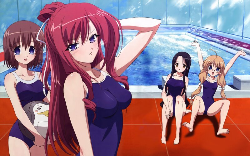 Anime Girls at Pool — Blue, Relaxed, Afternoon, Swimsuits