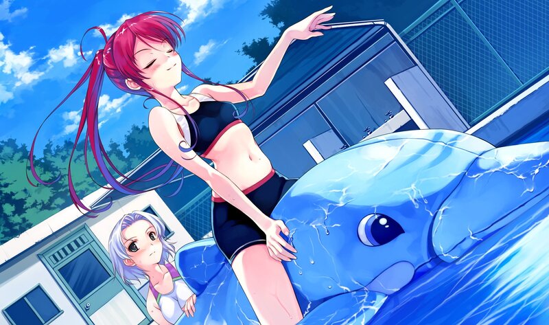 Anime girls at pool with dolphin