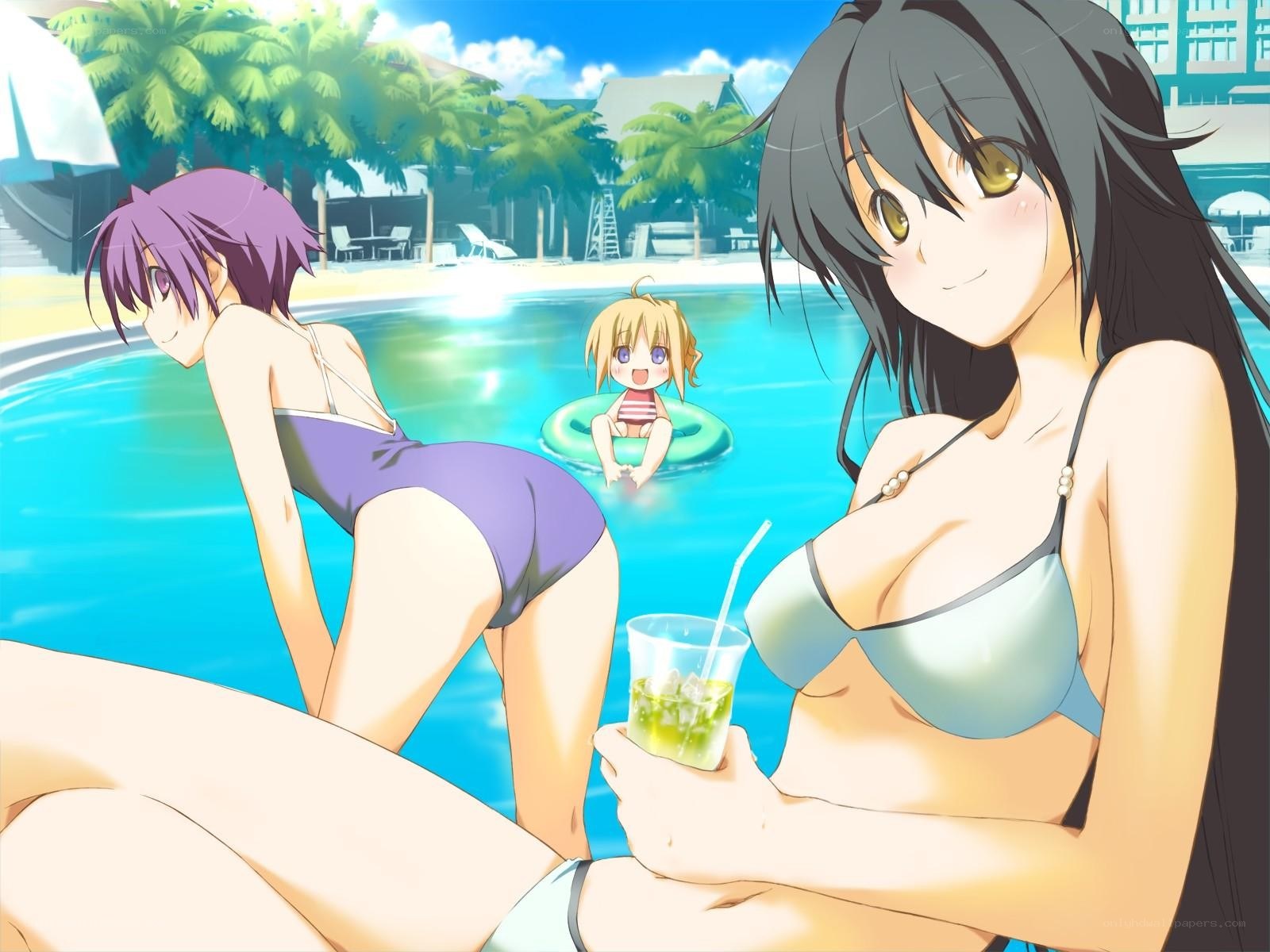 anime girls at poolside