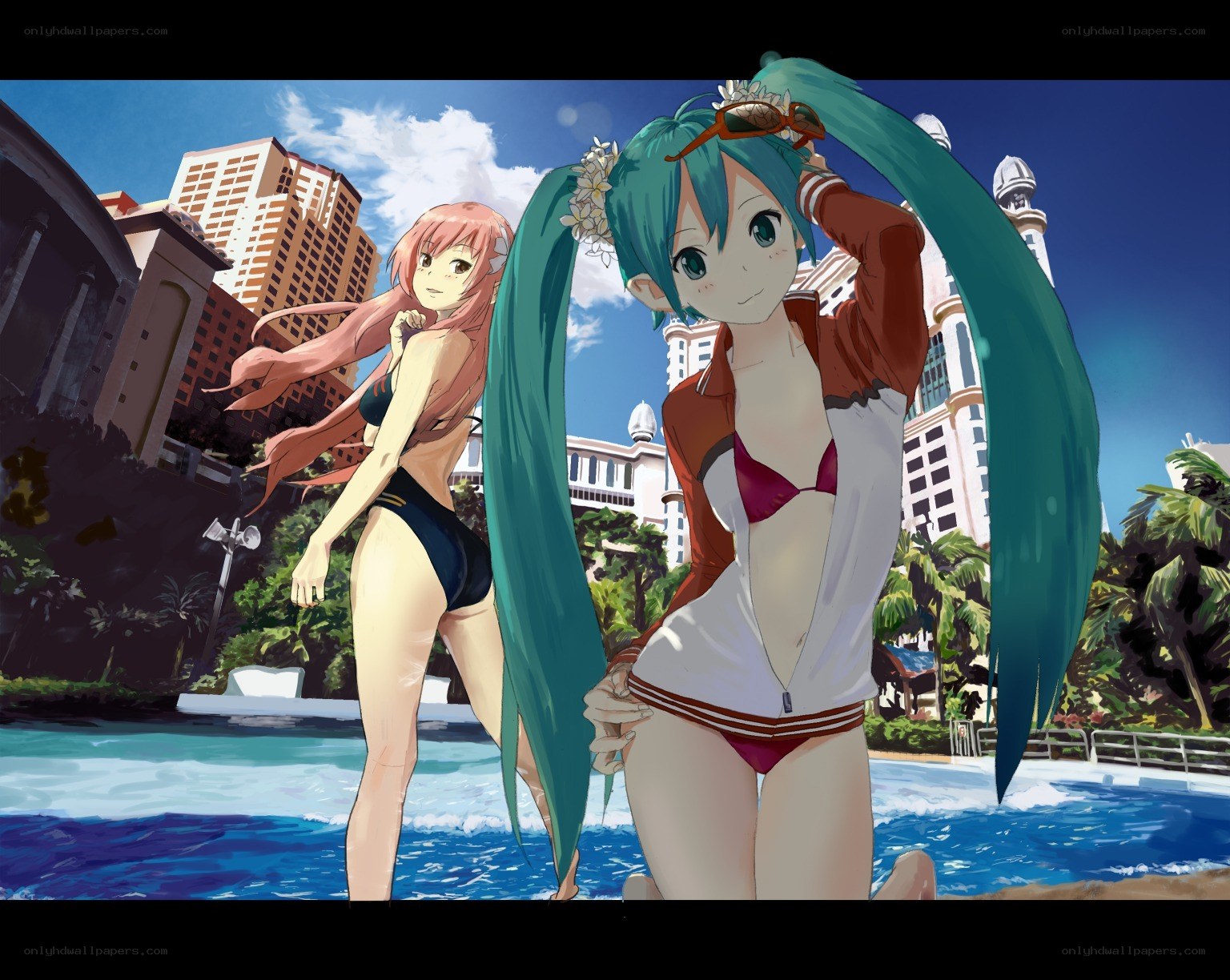Anime girls at poolside