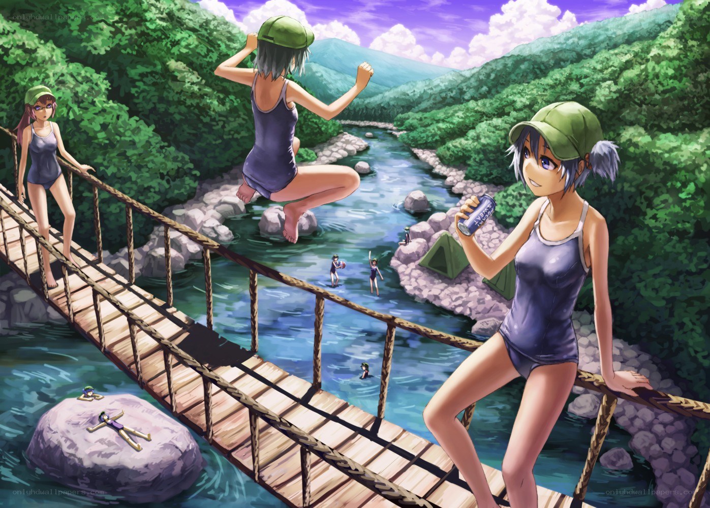 Anime girls at river bridge
