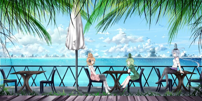 Anime girls at seaside cafe