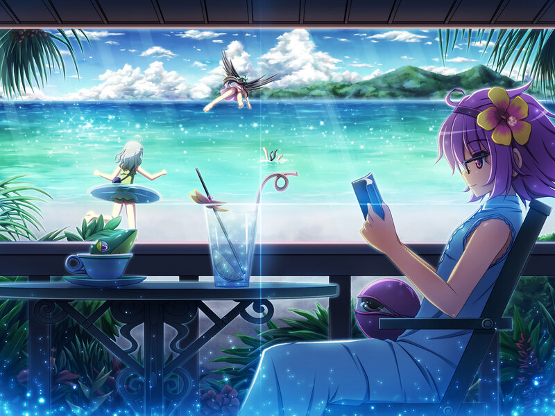 Anime girls at seaside cafe