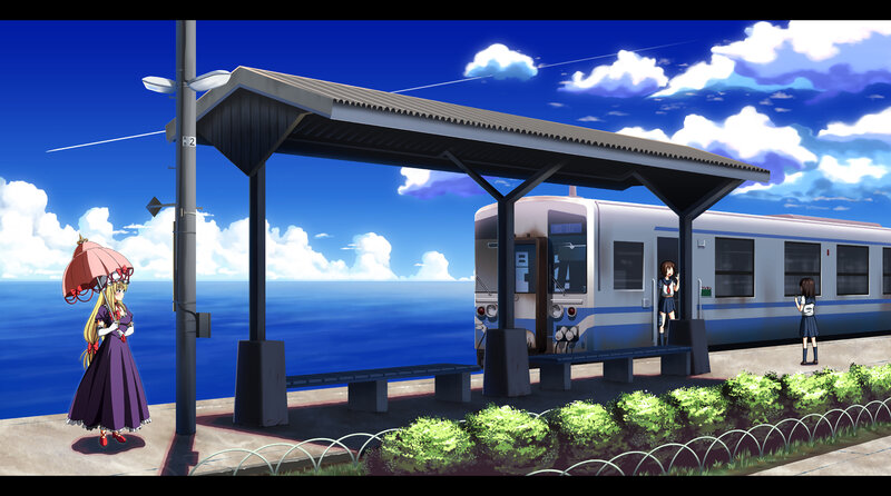Anime girls at seaside train station