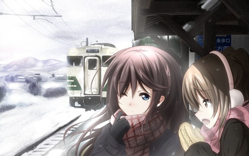 Anime girls at snowy train station