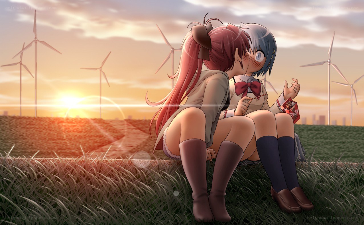 anime girls at sunset