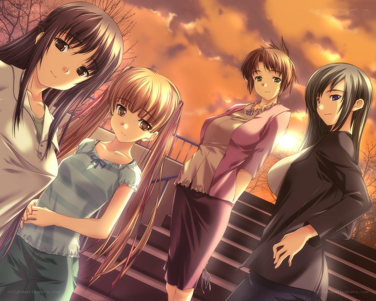 anime girls at sunset