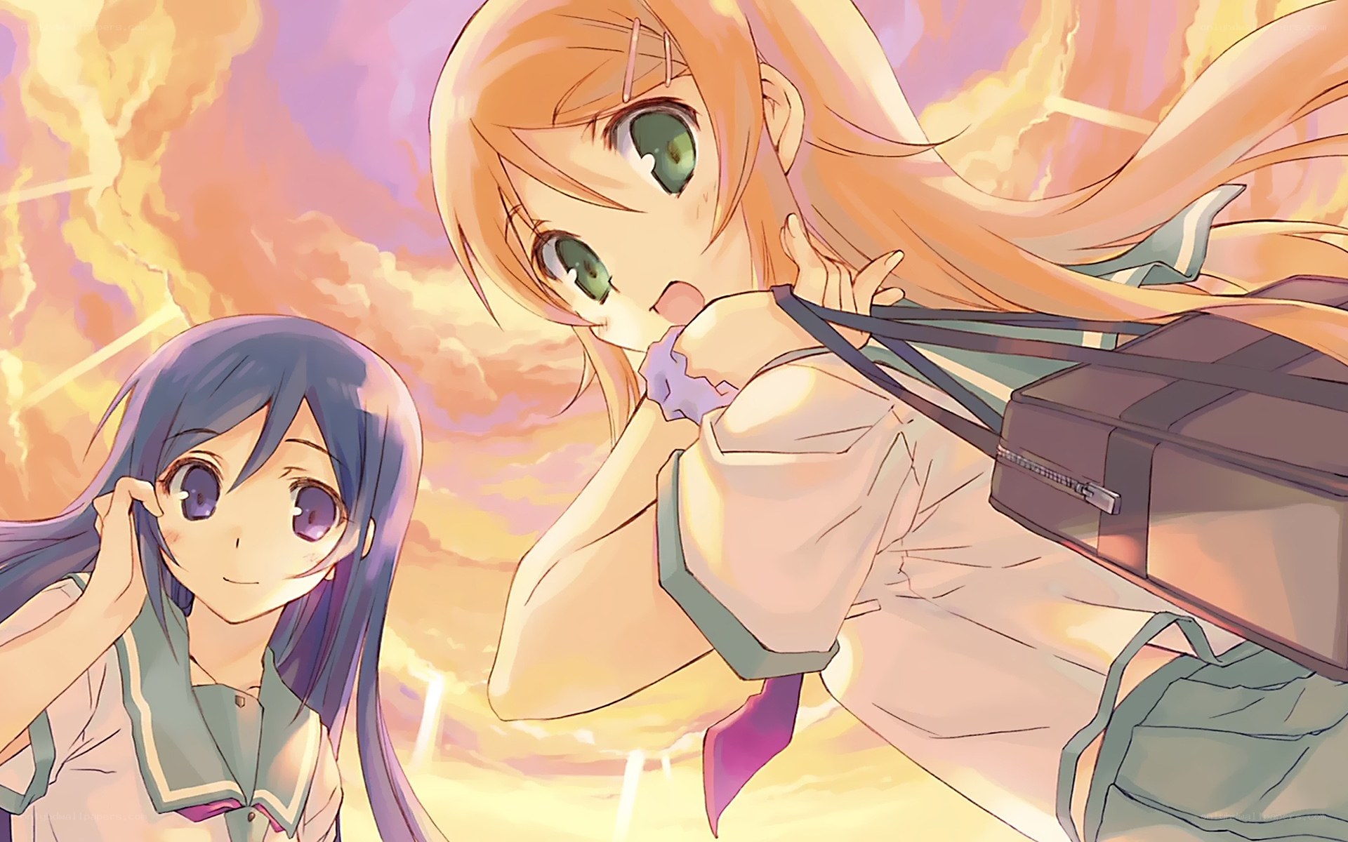 anime girls at sunset