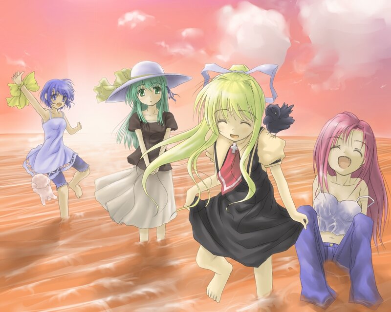 Anime girls at sunset beach