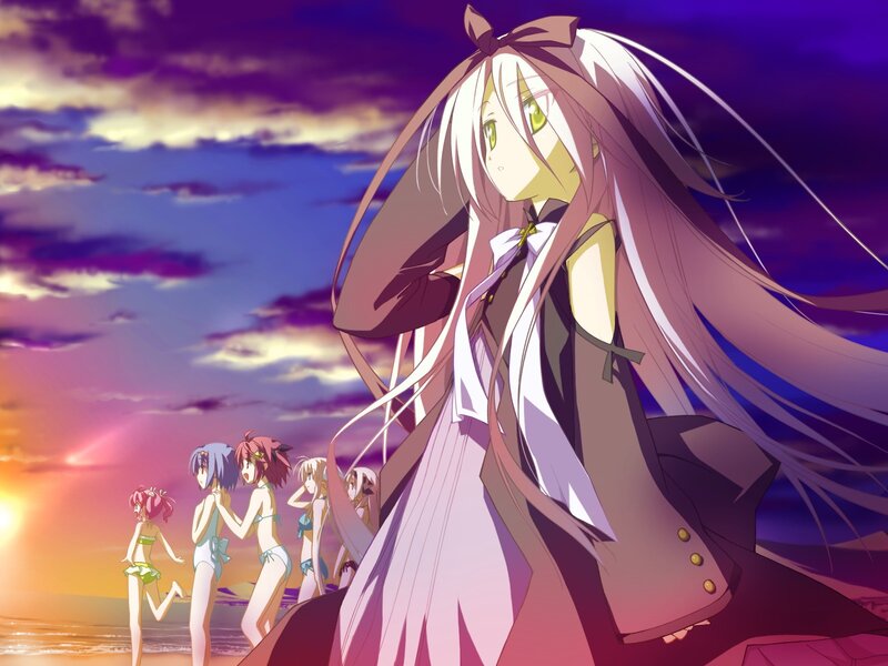 Anime girls at sunset on beach