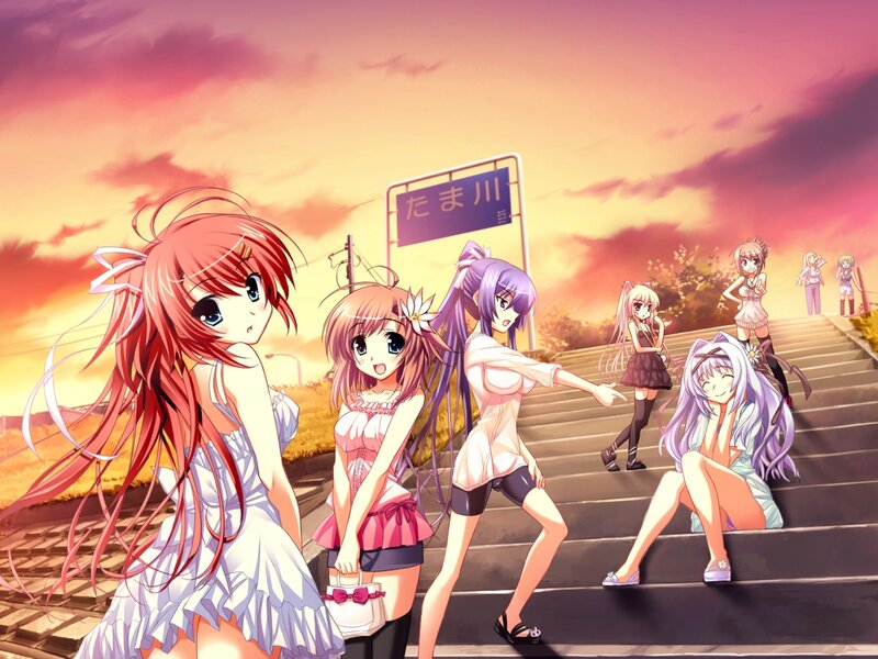 Anime girls at sunset stairs