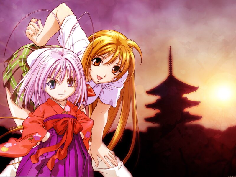 Anime girls at sunset with pagoda