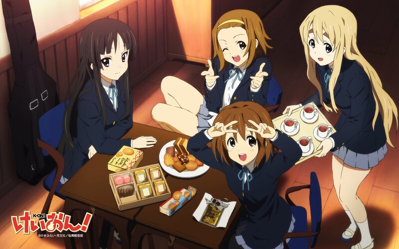 Anime Girls at Table — Brown, Cheerful
