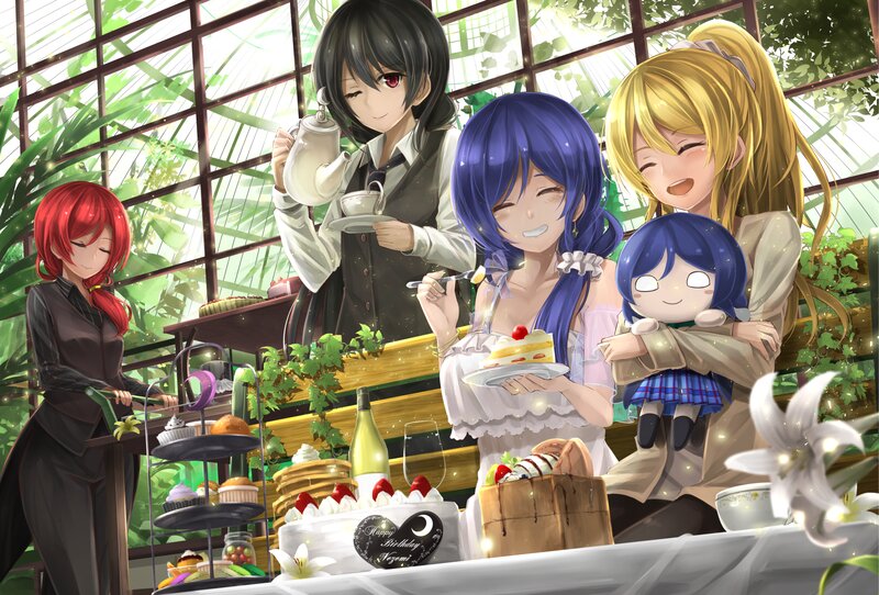 Anime Girls at Tea Party — Blue, Joyful