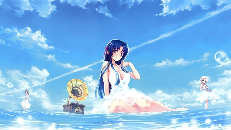 Anime girls at the beach with gramophone