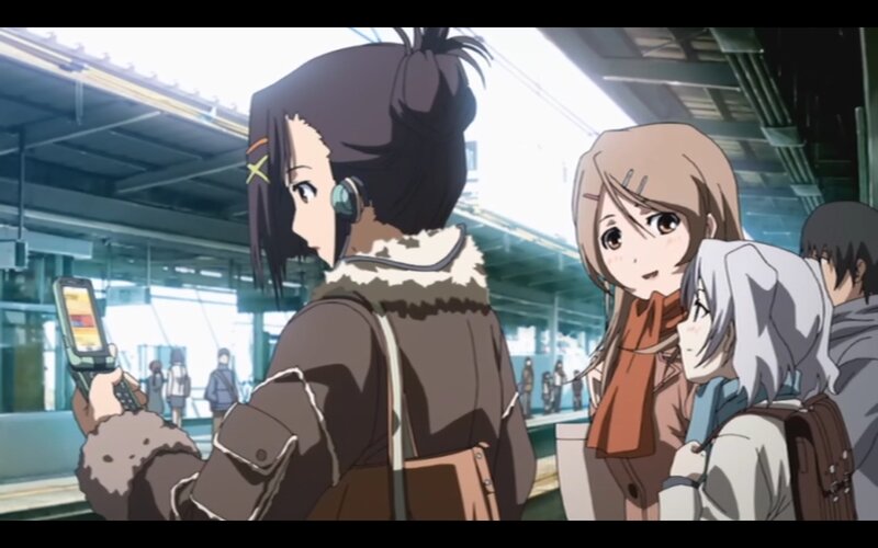 Anime Girls at Train Station — Brown, Calm
