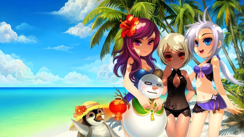 Anime girls at tropical beach