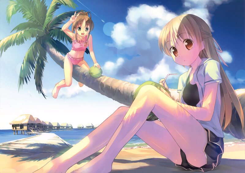 Anime girls at tropical beach