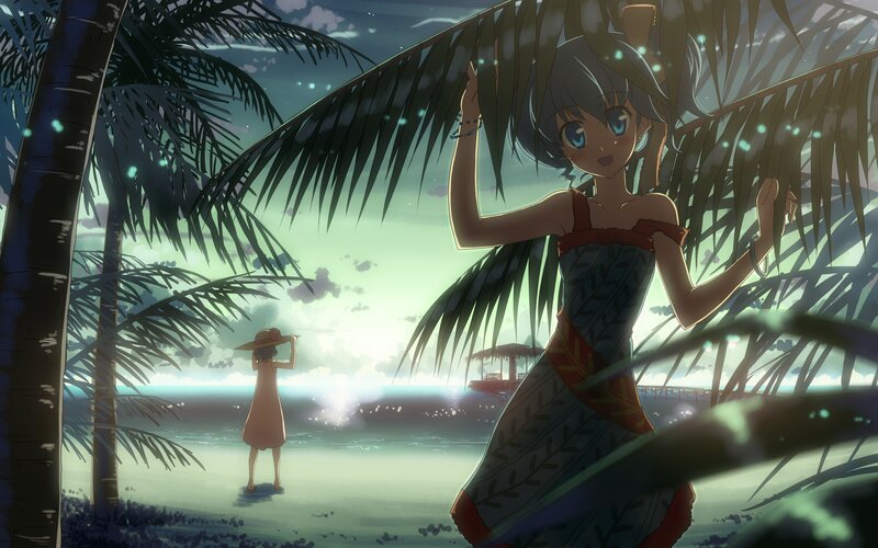 Anime girls at tropical beach