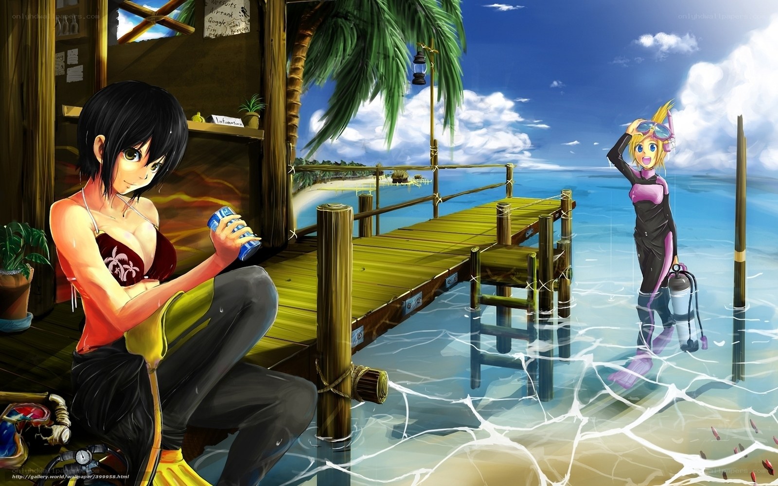 Anime girls at tropical dock