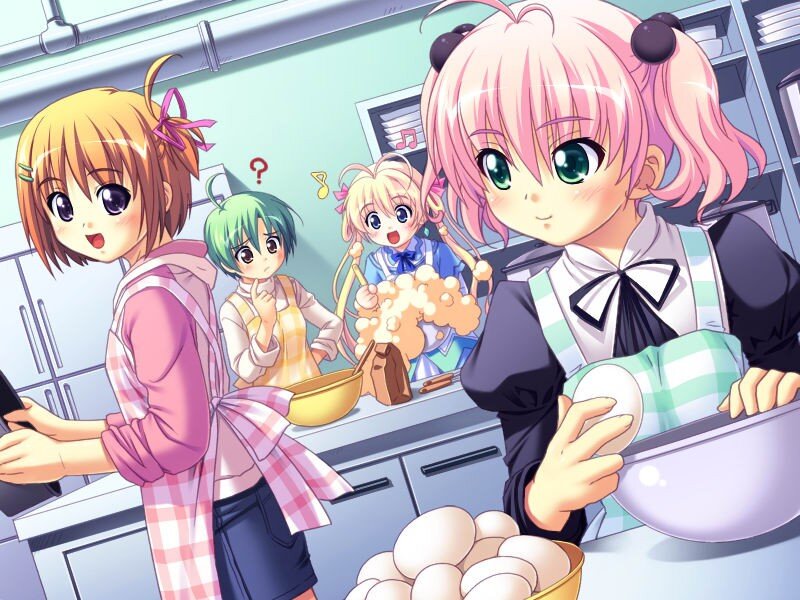 Anime girls baking in kitchen