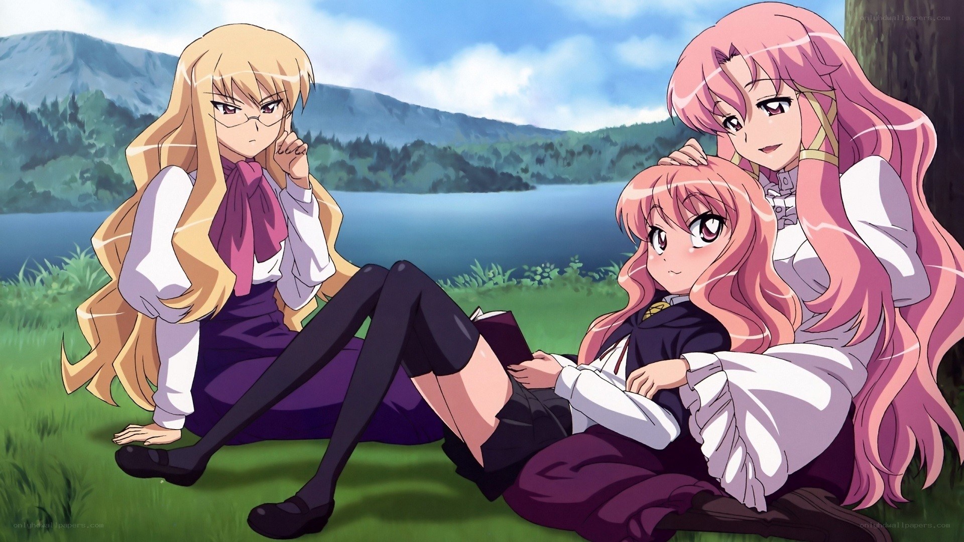 anime girls by a lake