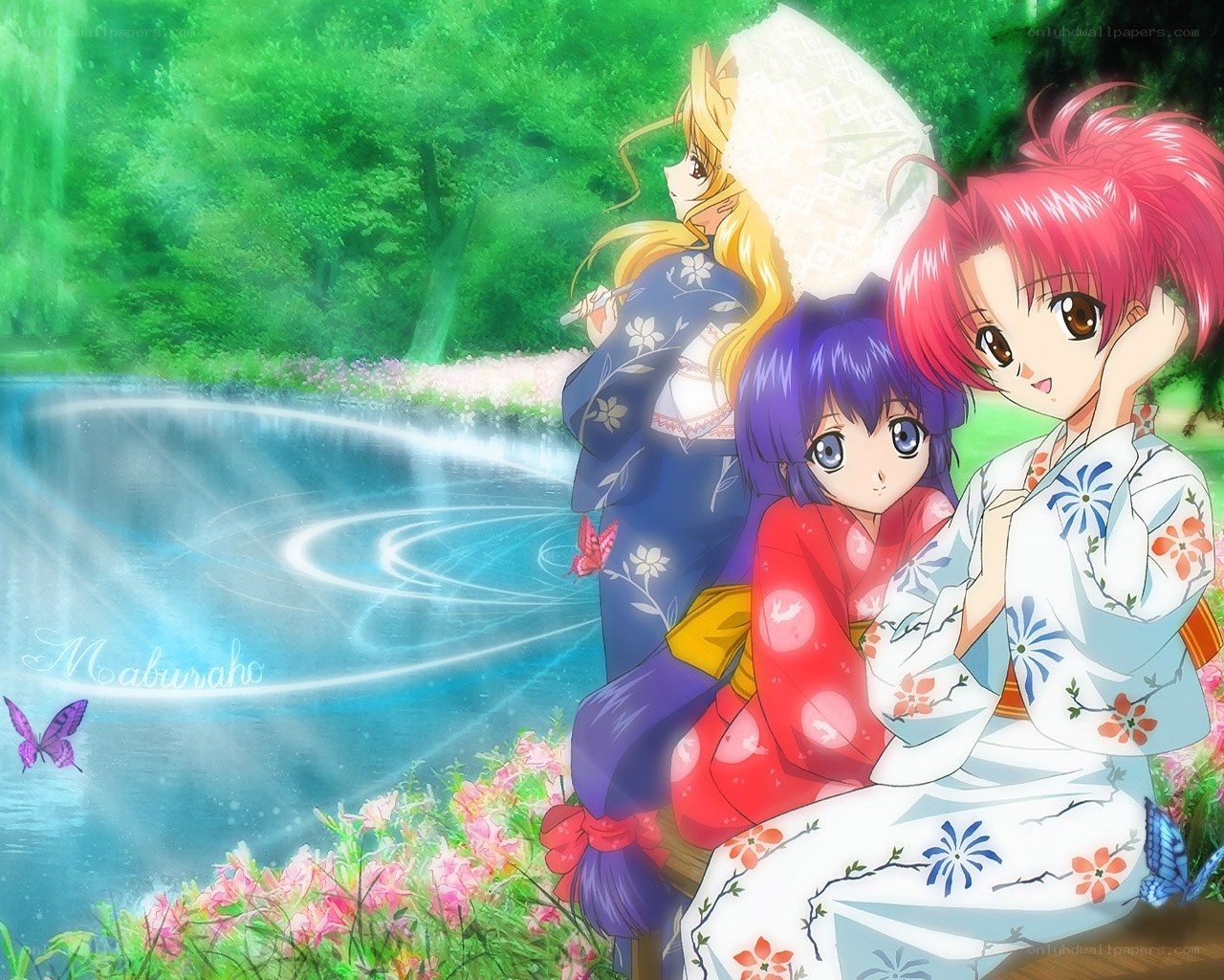 anime girls by a pond