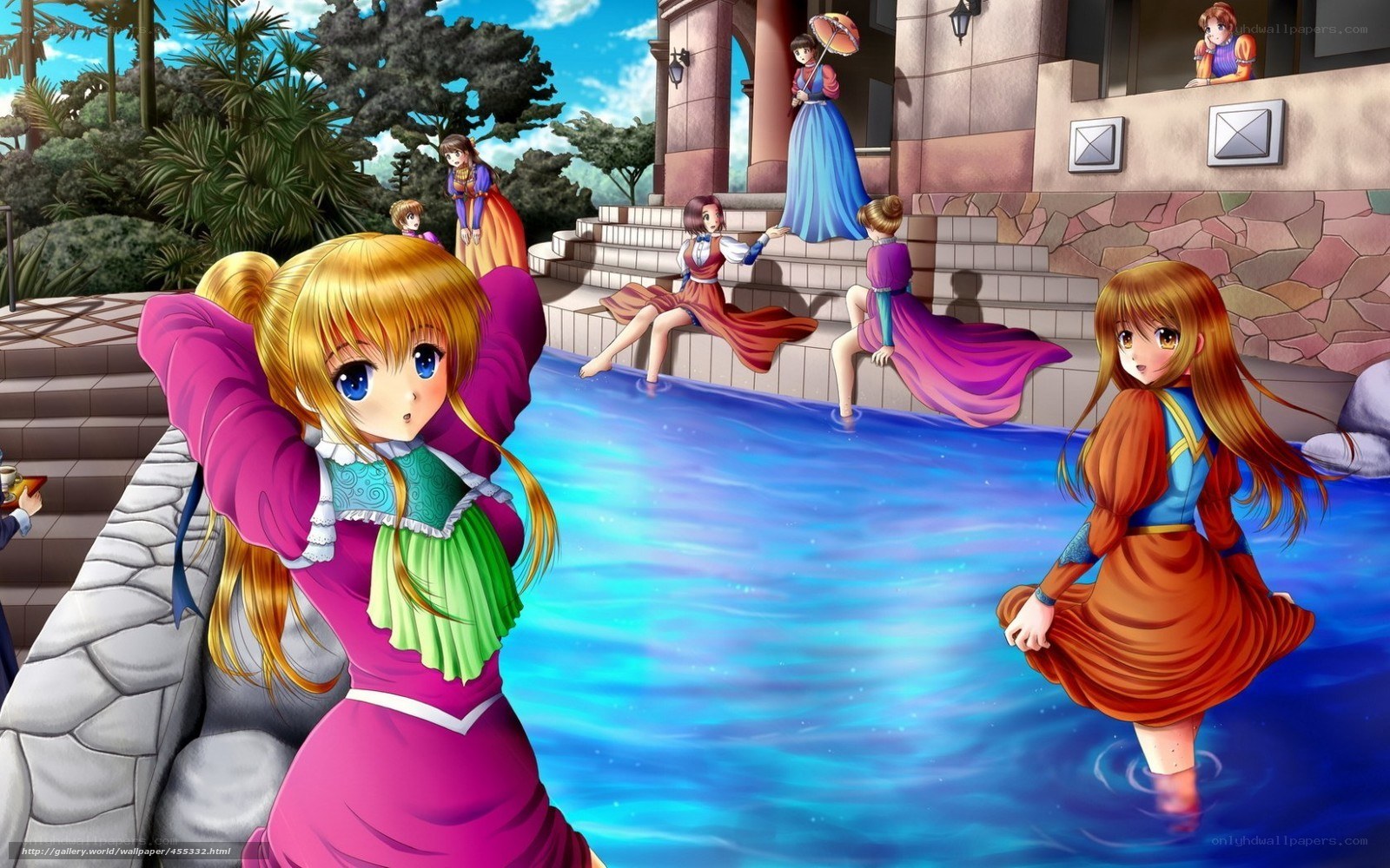 anime girls by a pool
