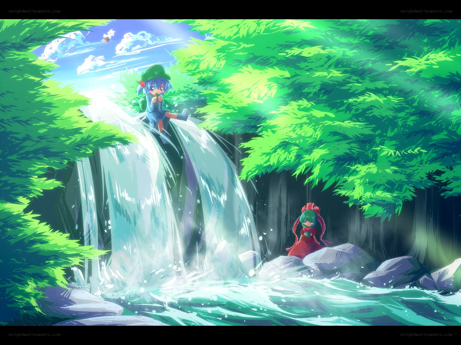 Anime girls by a waterfall