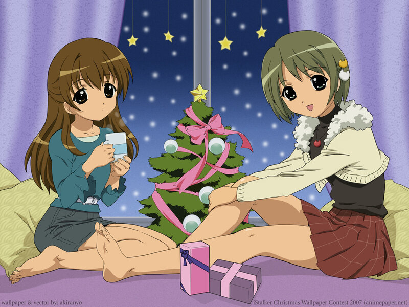 Anime girls by Christmas tree
