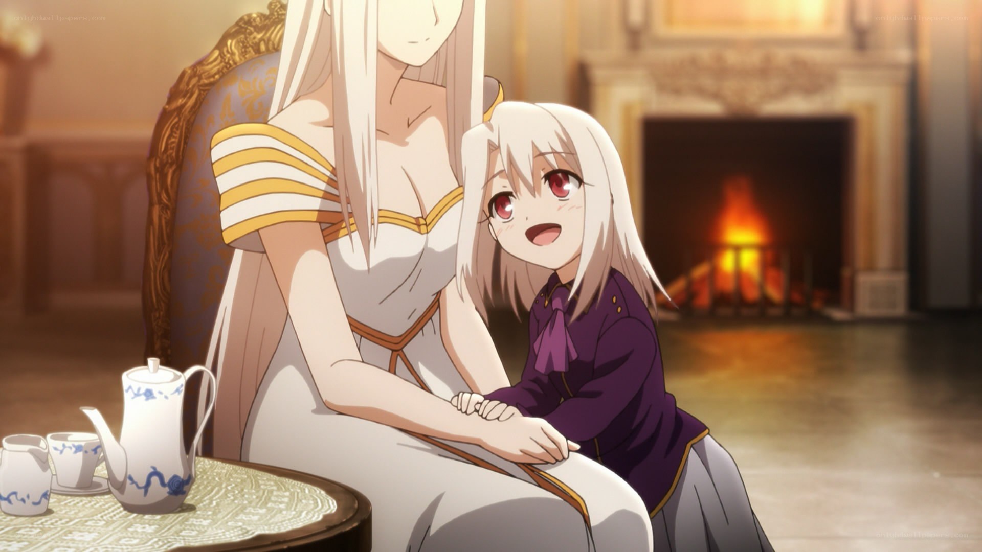 anime girls by fireplace