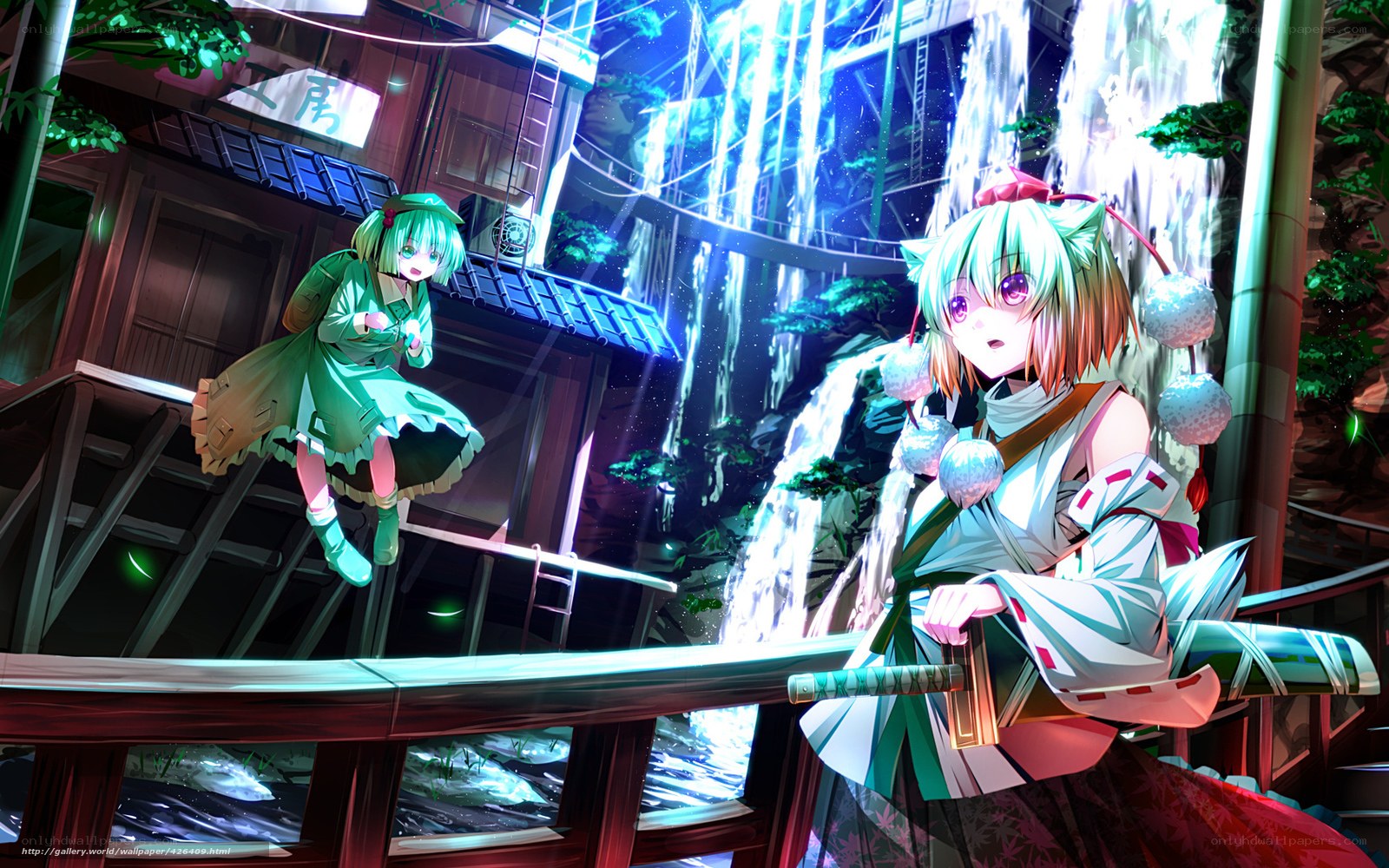 Anime girls by waterfall