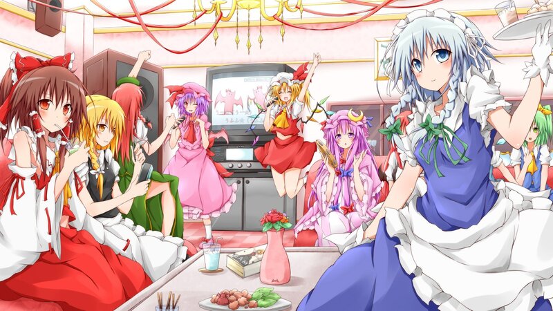 Anime girls celebrating in a cafe
