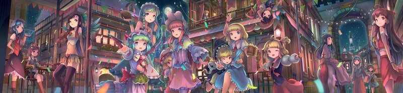 anime girls celebrating in a town