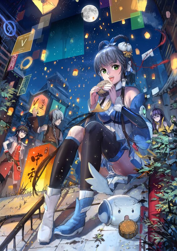 Anime girls celebrating mid-autumn festival