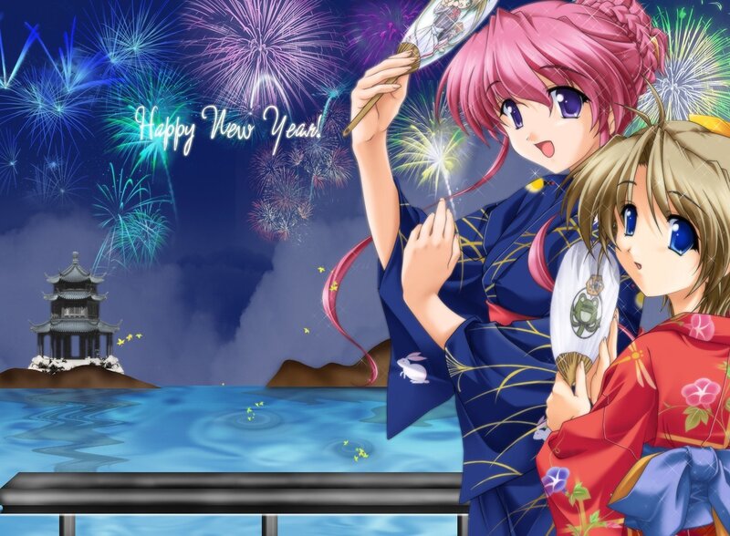 Anime girls celebrating New Year