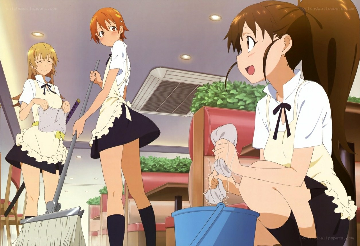 Anime girls cleaning a cafe